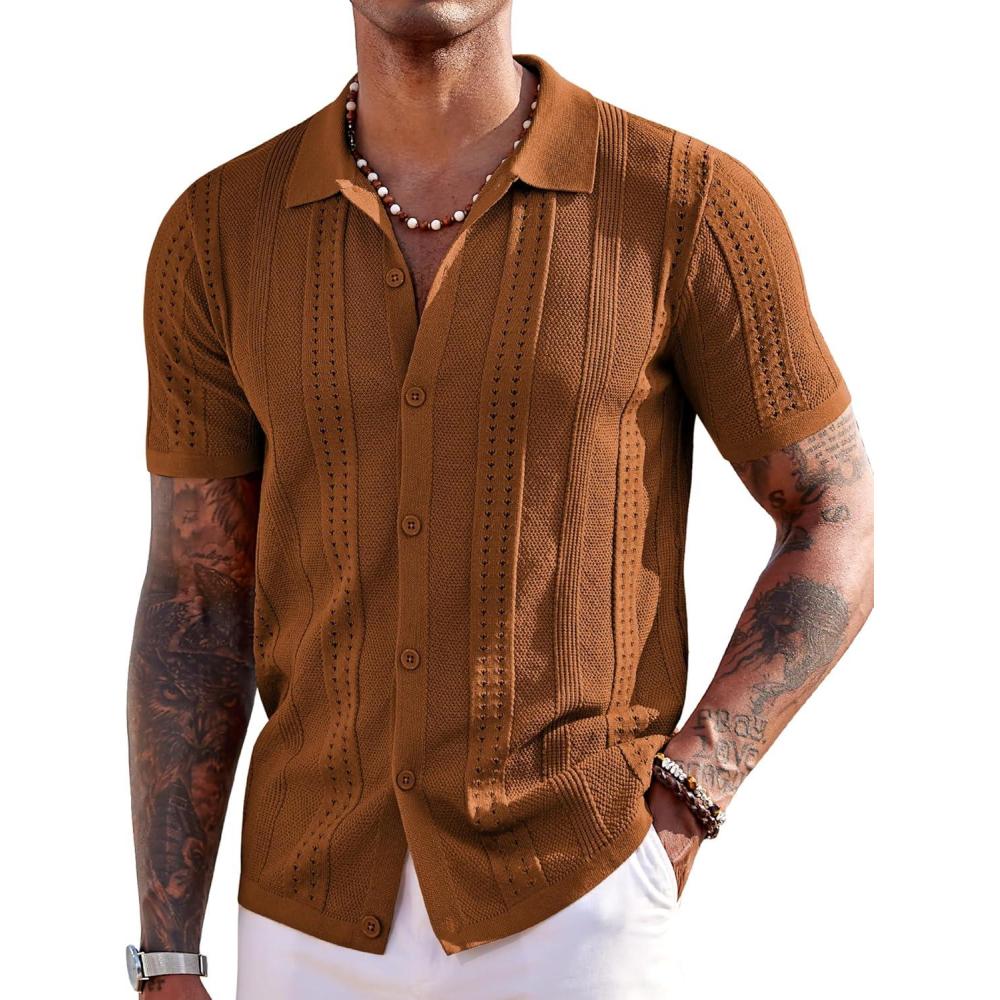 imageCOOFANDY Mens Knit Shirts Short Sleeve Button Down Polo Shirt Fashion Casual Summer Beach ShirtsLight Brown