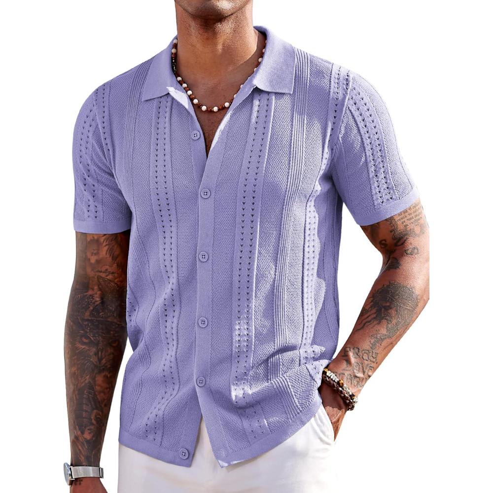 imageCOOFANDY Mens Knit Shirts Short Sleeve Button Down Polo Shirt Fashion Casual Summer Beach ShirtsLilac