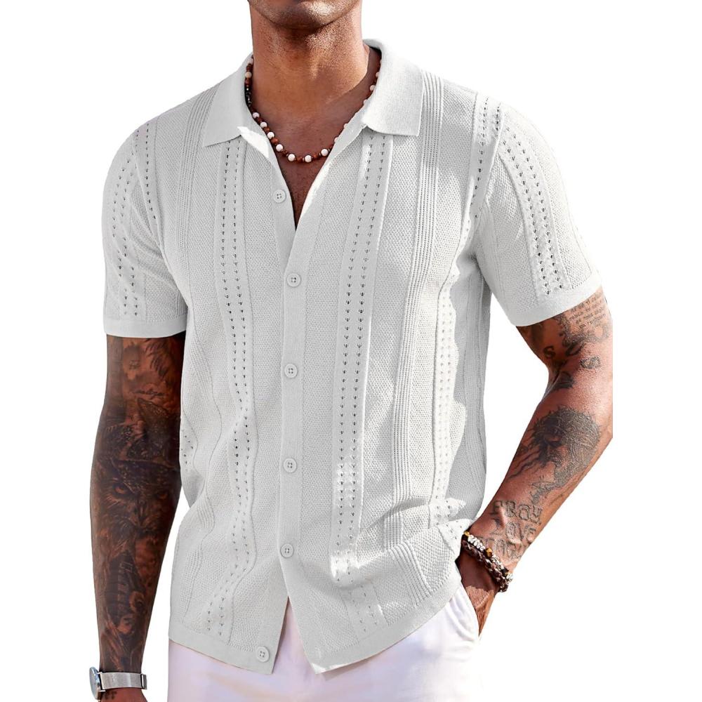 imageCOOFANDY Mens Knit Shirts Short Sleeve Button Down Polo Shirt Fashion Casual Summer Beach ShirtsWhite