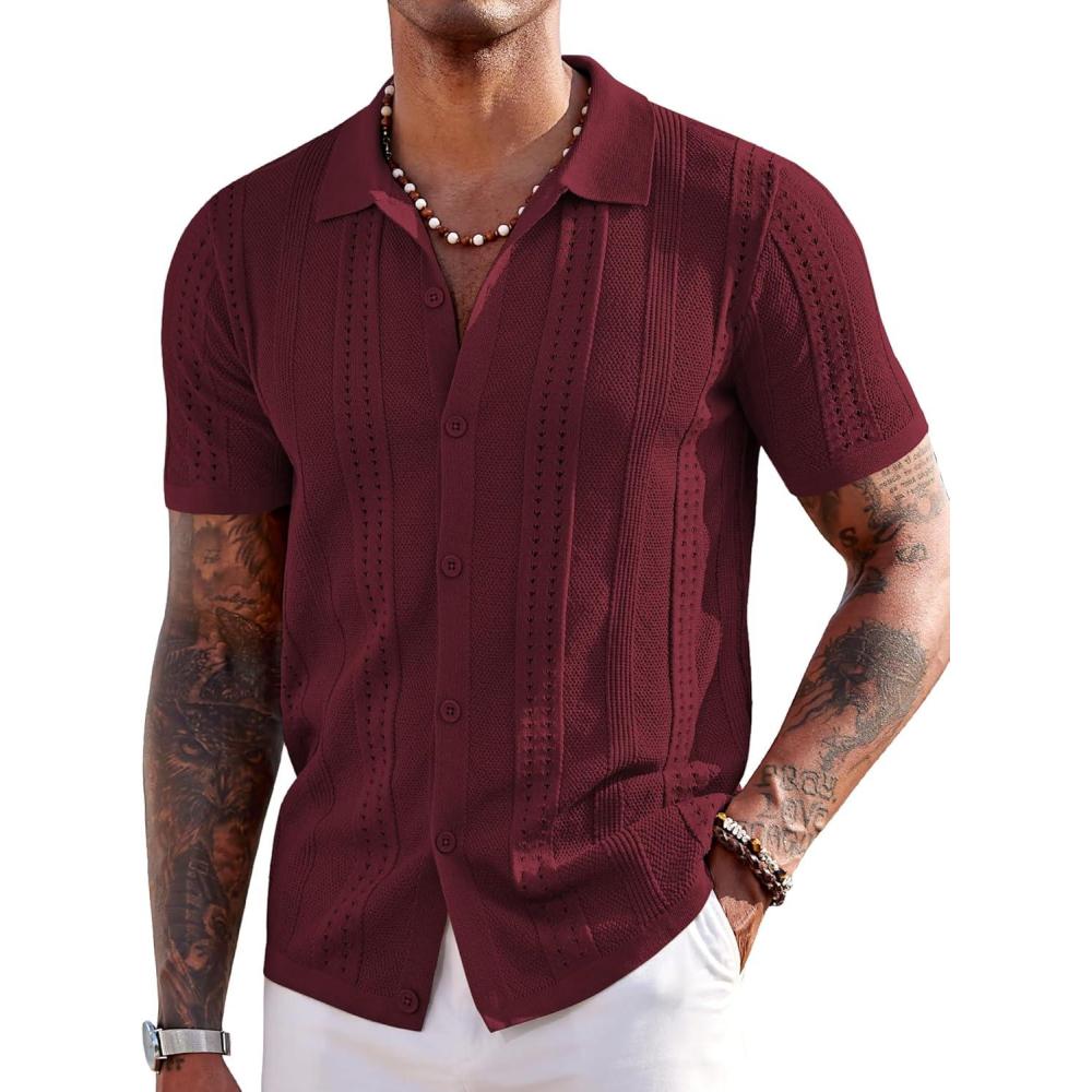 imageCOOFANDY Mens Knit Shirts Short Sleeve Button Down Polo Shirt Fashion Casual Summer Beach ShirtsWine Red