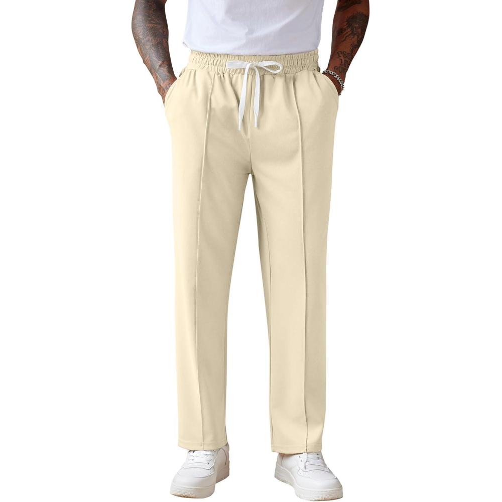 imageCOOFANDY Mens Knit Sweatpants Lightweight Open Bottom Casual Pants Drawstring Jogger Yoga Pants with PocketsBeige