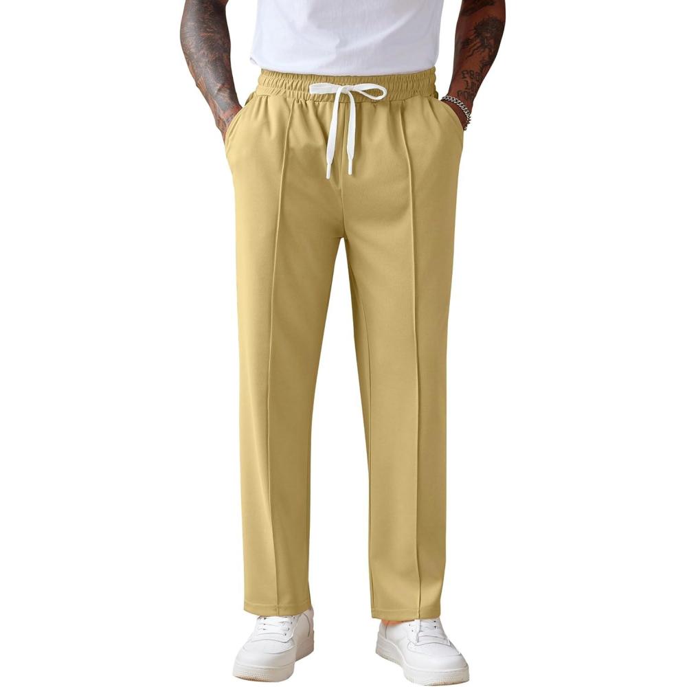 imageCOOFANDY Mens Knit Sweatpants Lightweight Open Bottom Casual Pants Drawstring Jogger Yoga Pants with PocketsLight Khaki