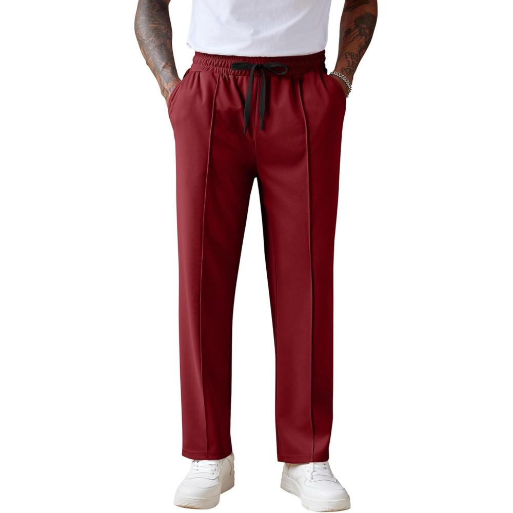 imageCOOFANDY Mens Knit Sweatpants Lightweight Open Bottom Casual Pants Drawstring Jogger Yoga Pants with PocketsWine Red