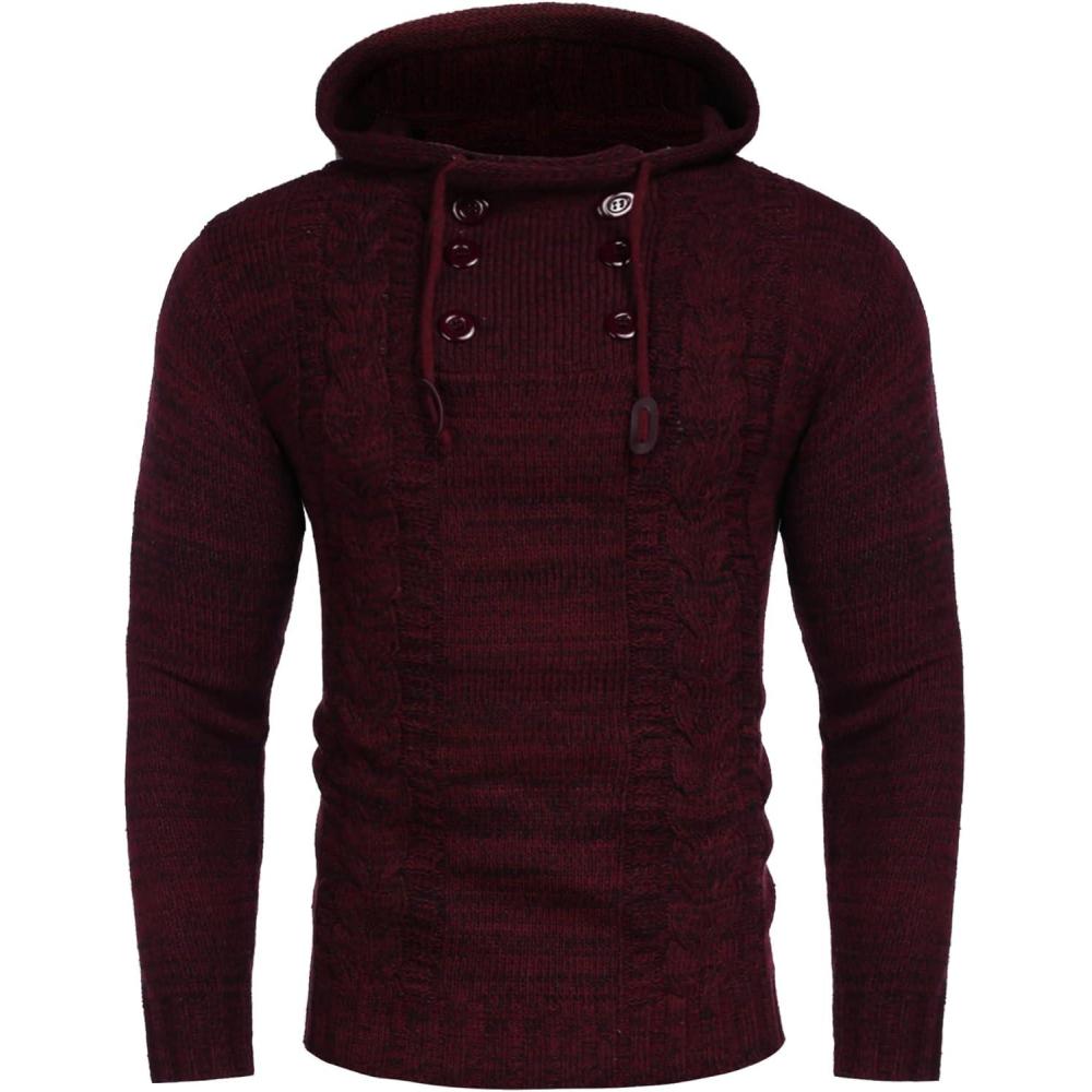 imageCOOFANDY Mens Knitted Hoodies Pullover Casual Long Sleeve Turtleneck SweatersWine Red