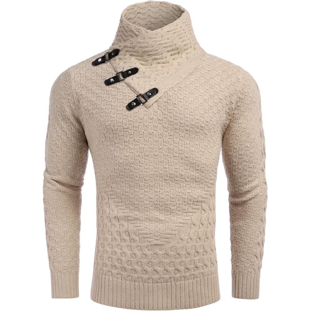 imageCOOFANDY Mens Knitted Turtleneck Sweater Long Sleeve Slim Fit Designer Shawl Collar PulloverA Apricot