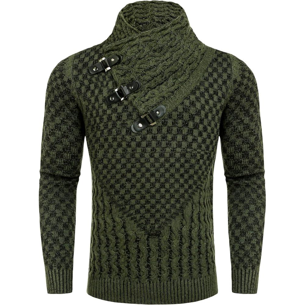 imageCOOFANDY Mens Knitted Turtleneck Sweater Long Sleeve Slim Fit Designer Shawl Collar PulloverA Army Green