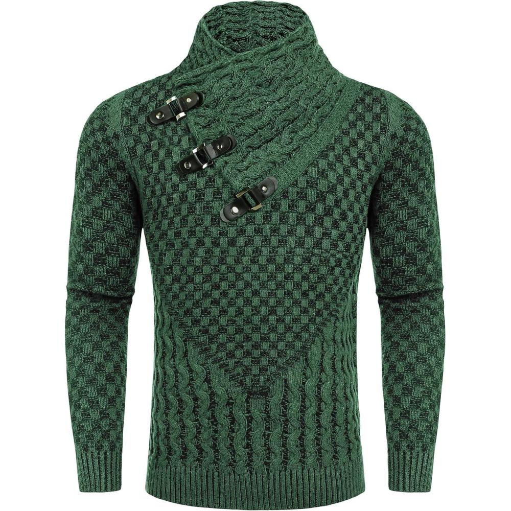 imageCOOFANDY Mens Knitted Turtleneck Sweater Long Sleeve Slim Fit Designer Shawl Collar PulloverA Green