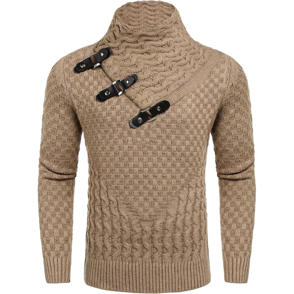 imageCOOFANDY Mens Knitted Turtleneck Sweater Long Sleeve Slim Fit Designer Shawl Collar PulloverA Khaki
