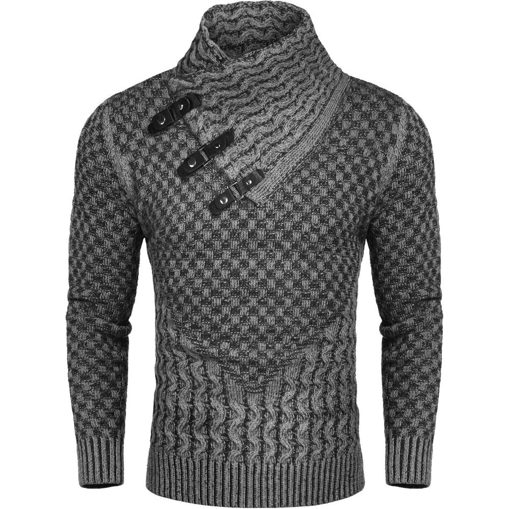 imageCOOFANDY Mens Knitted Turtleneck Sweater Long Sleeve Slim Fit Designer Shawl Collar PulloverA Light Grey