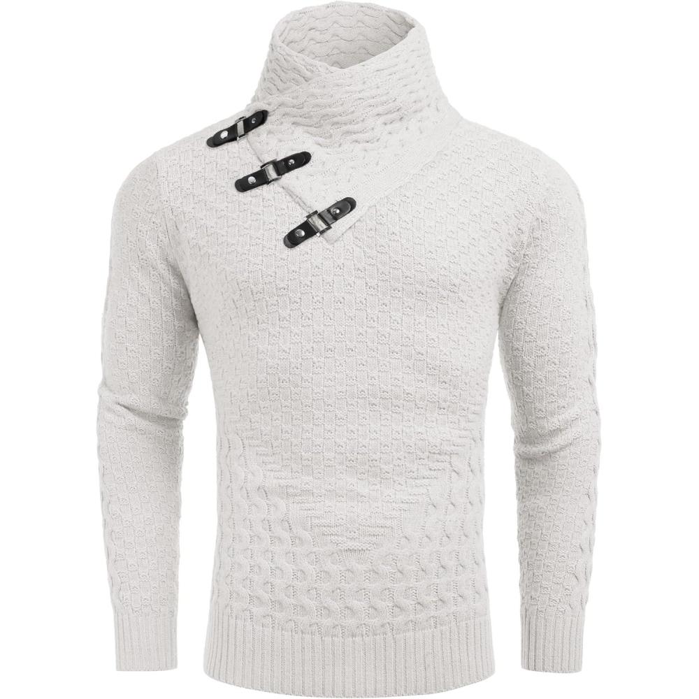 imageCOOFANDY Mens Knitted Turtleneck Sweater Long Sleeve Slim Fit Designer Shawl Collar PulloverA Pure White