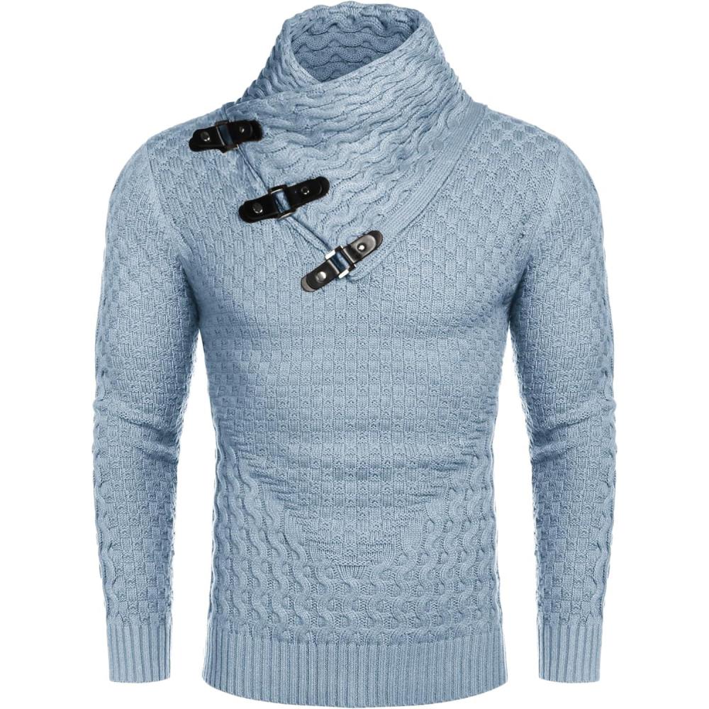 imageCOOFANDY Mens Knitted Turtleneck Sweater Long Sleeve Slim Fit Designer Shawl Collar PulloverLight Blue