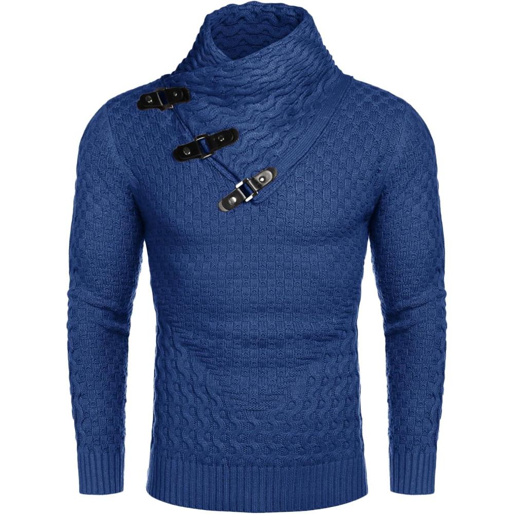 imageCOOFANDY Mens Knitted Turtleneck Sweater Long Sleeve Slim Fit Designer Shawl Collar PulloverNavy Blue