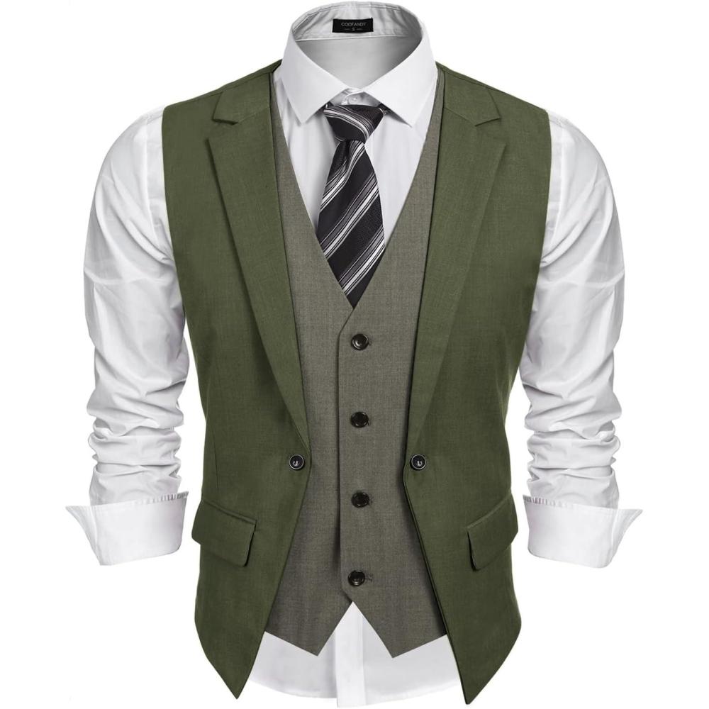 imageCOOFANDY Mens Layered Suit Vest Business Dress Vests Formal Wedding Waistcoat Slim FitArmy Green