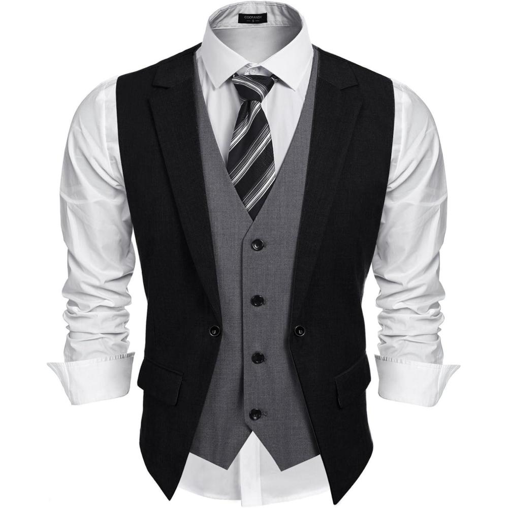 imageCOOFANDY Mens Layered Suit Vest Business Dress Vests Formal Wedding Waistcoat Slim FitBlack