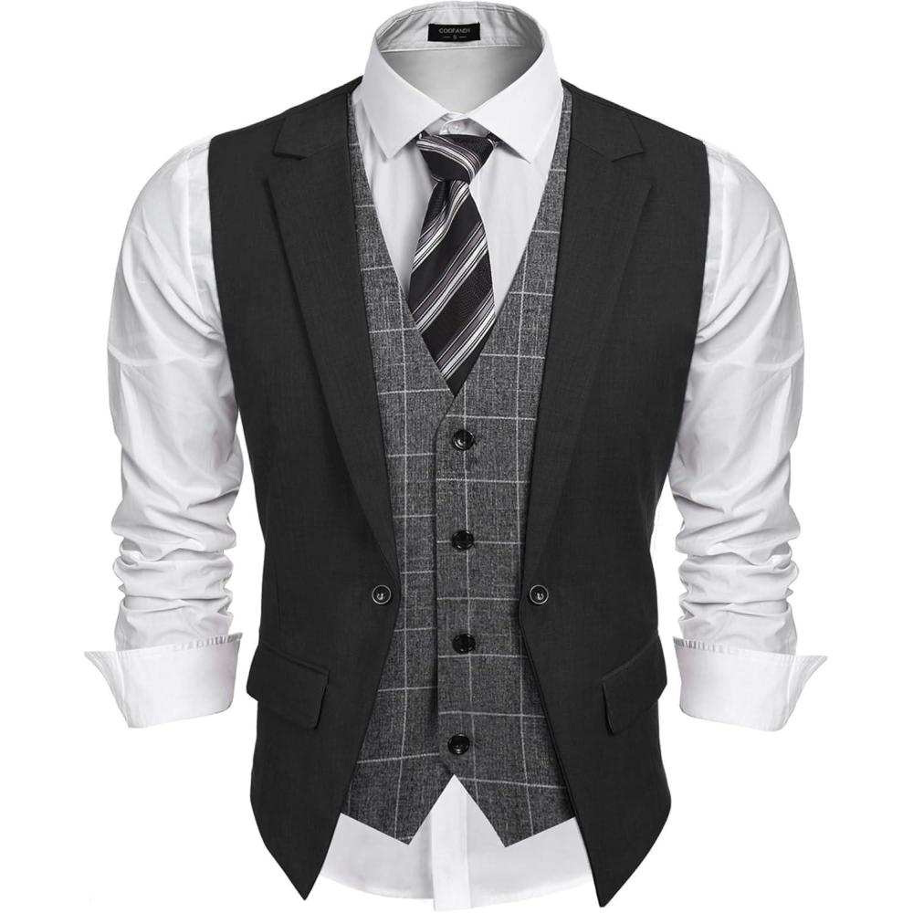 imageCOOFANDY Mens Layered Suit Vest Business Dress Vests Formal Wedding Waistcoat Slim FitBlack Plaid