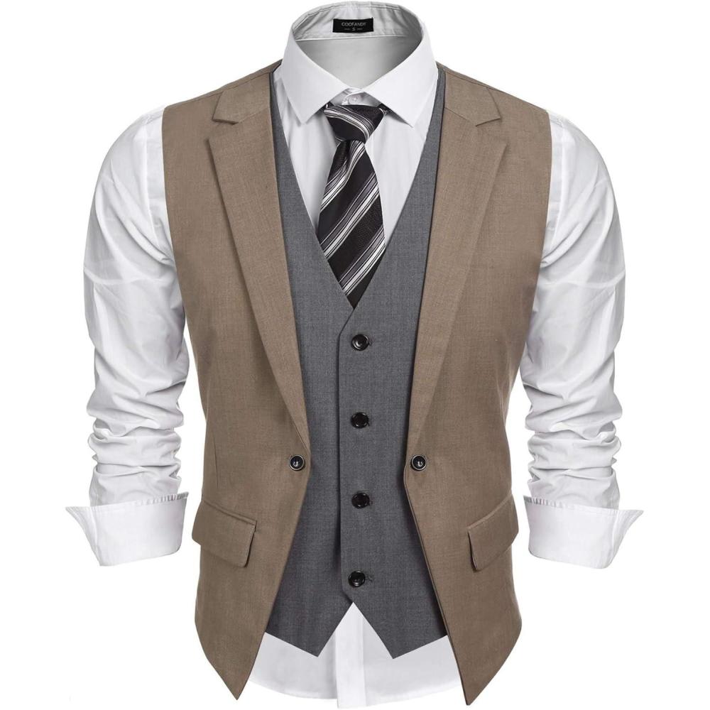 imageCOOFANDY Mens Layered Suit Vest Business Dress Vests Formal Wedding Waistcoat Slim FitBrown