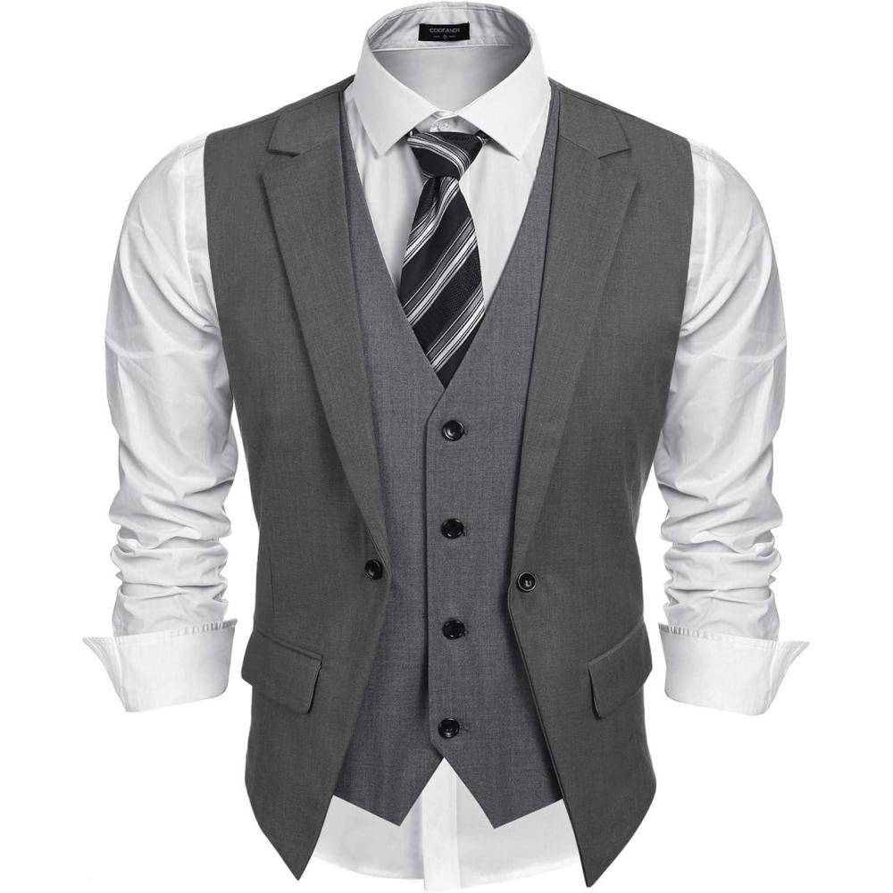 imageCOOFANDY Mens Layered Suit Vest Business Dress Vests Formal Wedding Waistcoat Slim FitDark Gray