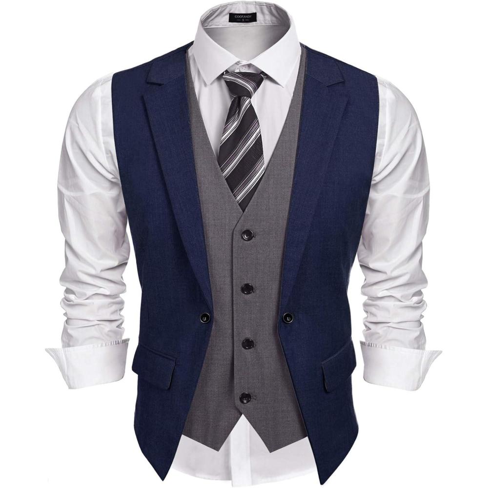 imageCOOFANDY Mens Layered Suit Vest Business Dress Vests Formal Wedding Waistcoat Slim FitNavy