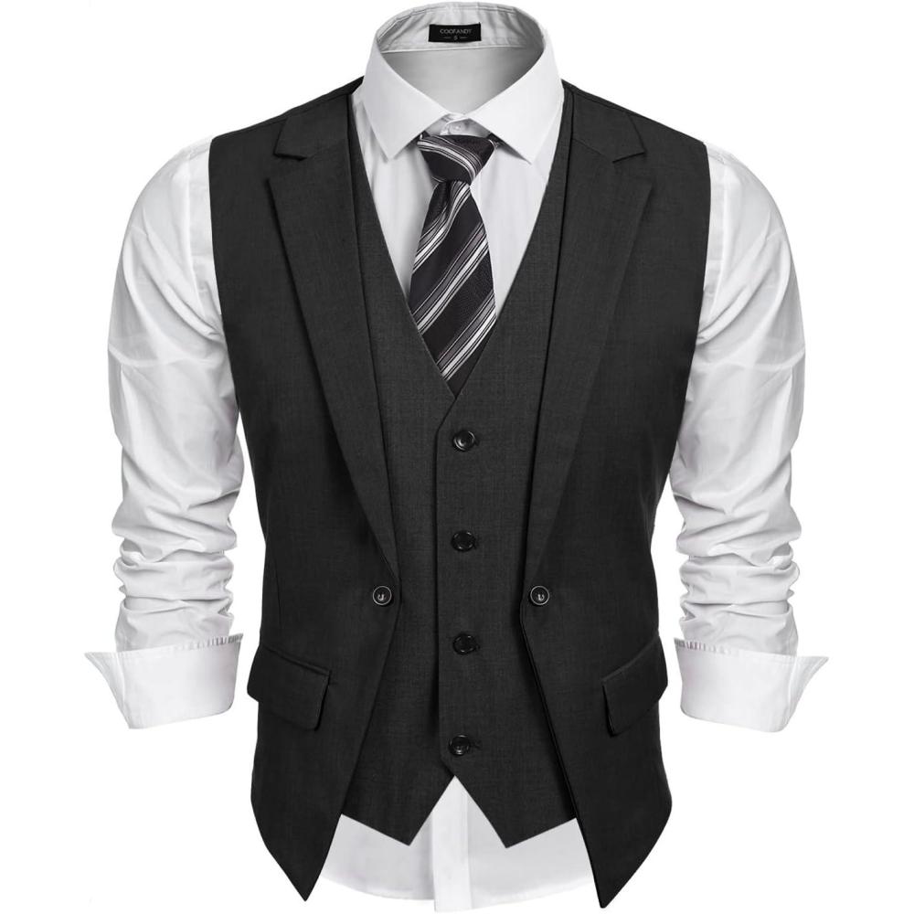 imageCOOFANDY Mens Layered Suit Vest Business Dress Vests Formal Wedding Waistcoat Slim FitPure Black