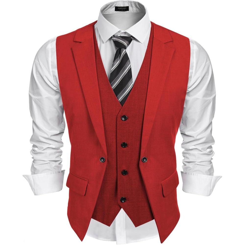 imageCOOFANDY Mens Layered Suit Vest Business Dress Vests Formal Wedding Waistcoat Slim FitRed