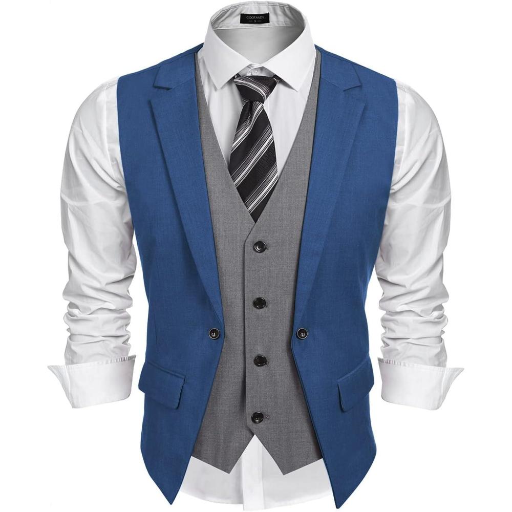 imageCOOFANDY Mens Layered Suit Vest Business Dress Vests Formal Wedding Waistcoat Slim FitRoyal Blue