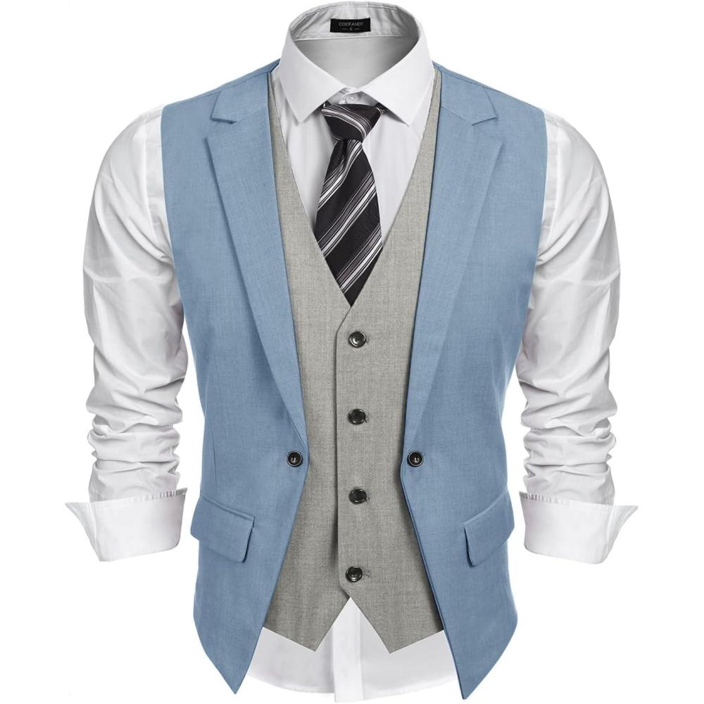 imageCOOFANDY Mens Layered Suit Vest Business Dress Vests Formal Wedding Waistcoat Slim FitSky Blue