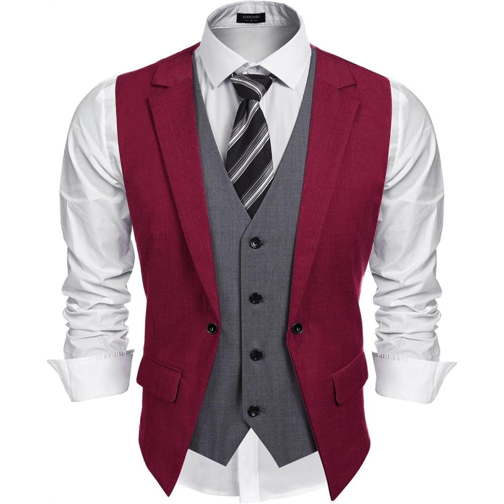 imageCOOFANDY Mens Layered Suit Vest Business Dress Vests Formal Wedding Waistcoat Slim FitWine Red