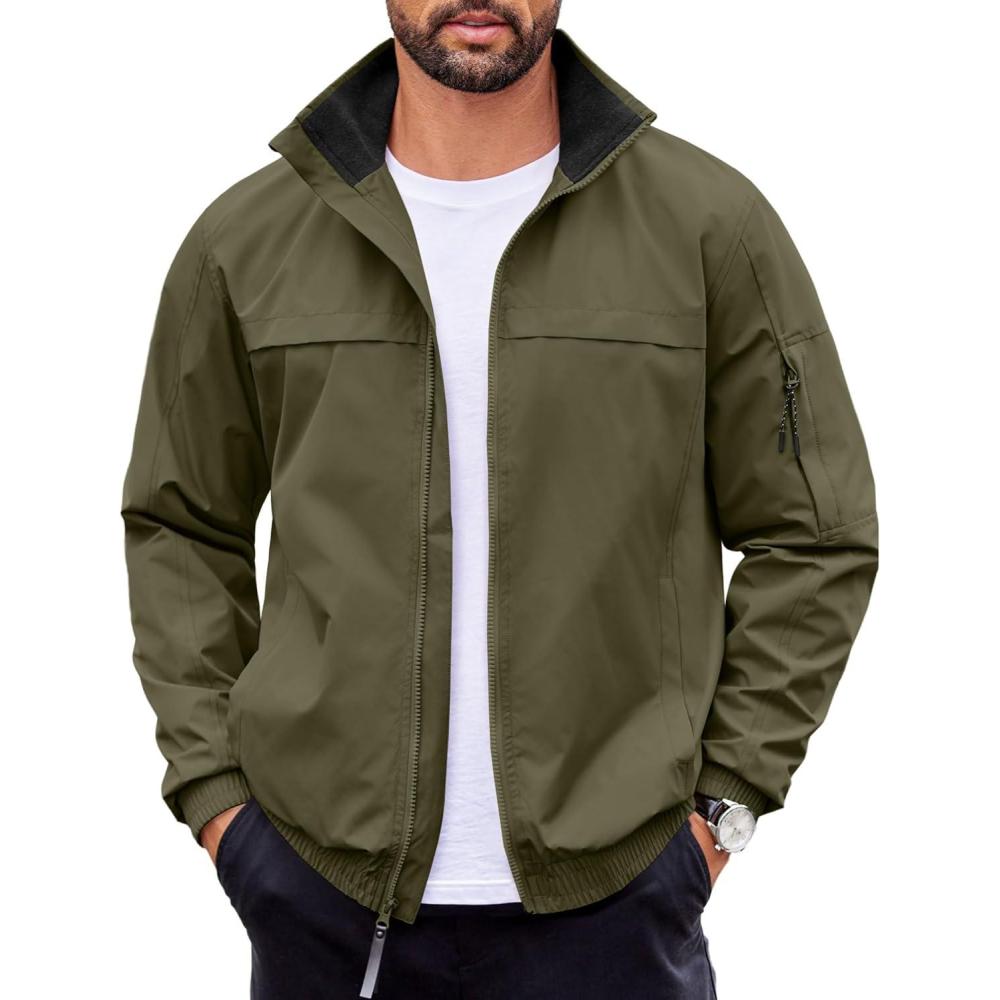 imageCOOFANDY Mens Lightweight Bomber Jackets Stand Collar Windbreaker Softshell Jacket Zip Up Coat for Fall OutdoorArmy Green