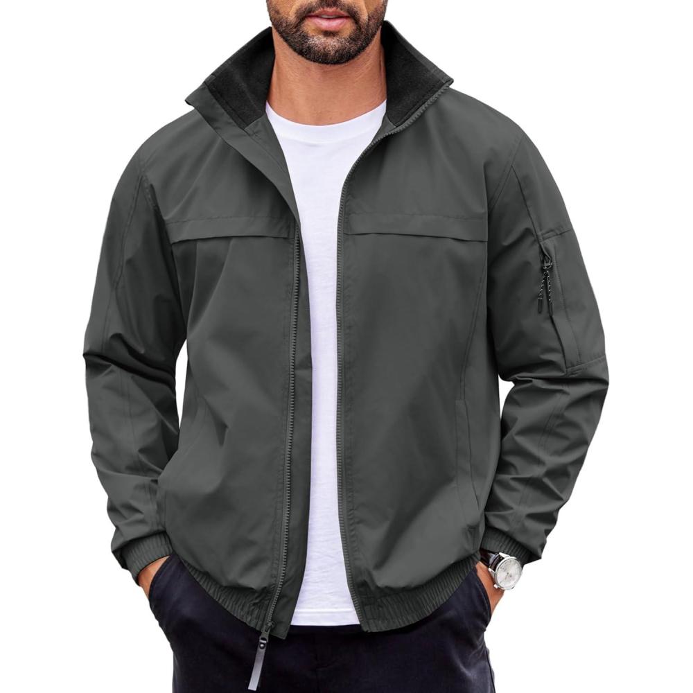 imageCOOFANDY Mens Lightweight Bomber Jackets Stand Collar Windbreaker Softshell Jacket Zip Up Coat for Fall OutdoorDark Gray
