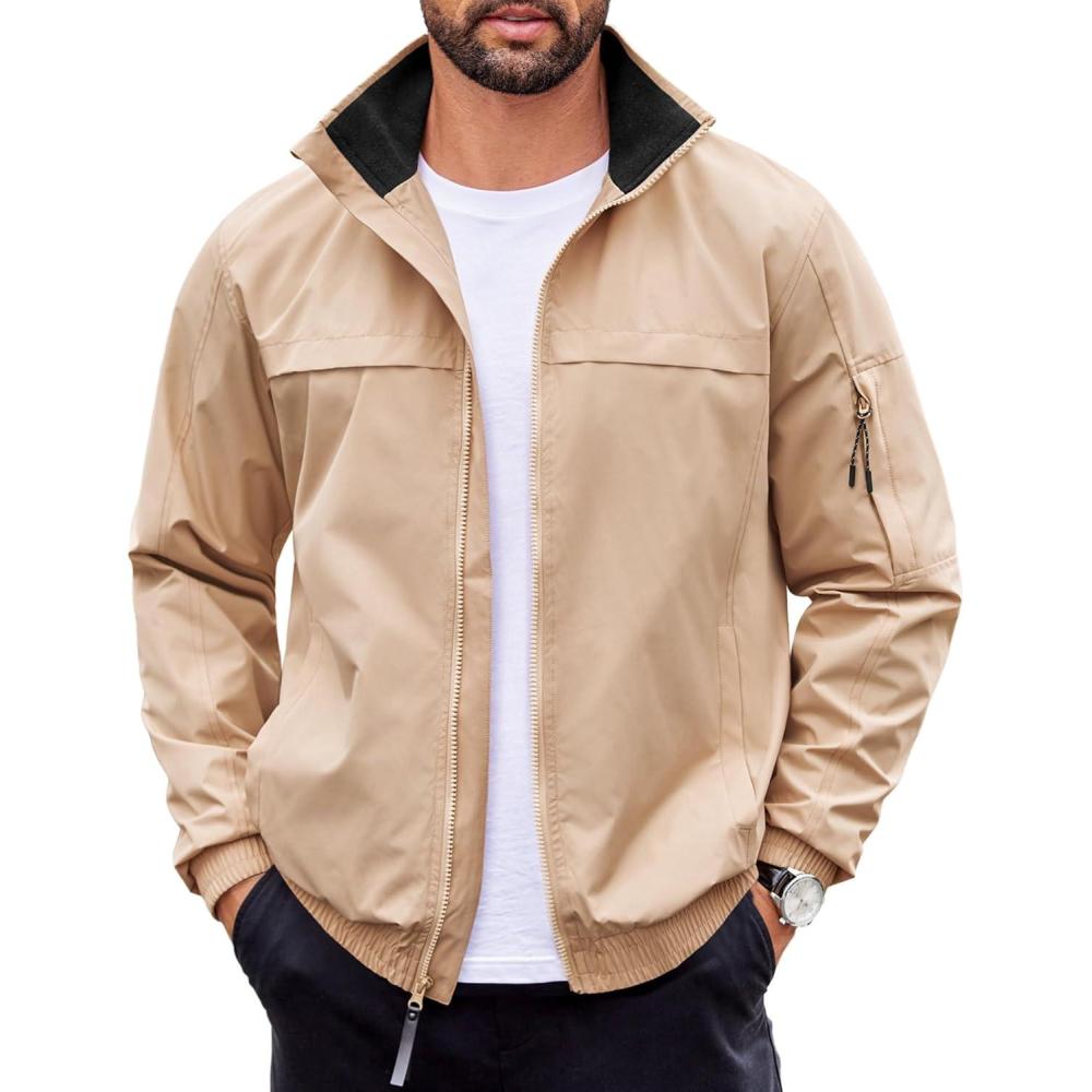 imageCOOFANDY Mens Lightweight Bomber Jackets Stand Collar Windbreaker Softshell Jacket Zip Up Coat for Fall OutdoorKhaki