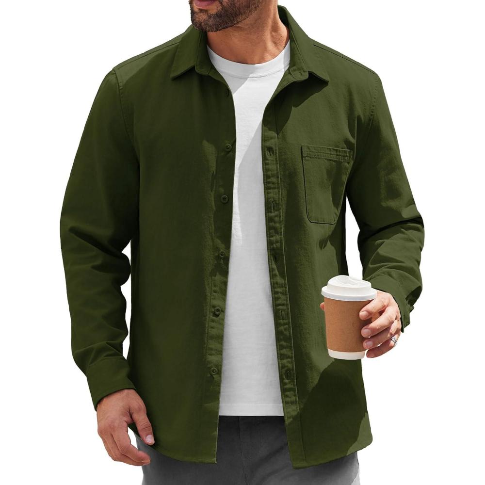 imageCOOFANDY Mens Lightweight Button Down Shirt Jacket Casual Shacket OvershirtArmy Green