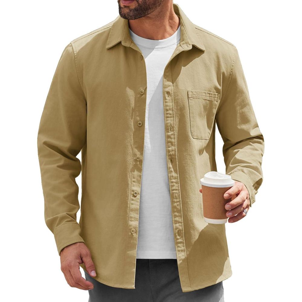 imageCOOFANDY Mens Lightweight Button Down Shirt Jacket Casual Shacket OvershirtKhaki