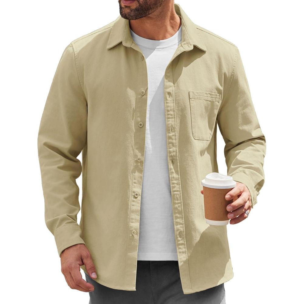 imageCOOFANDY Mens Lightweight Button Down Shirt Jacket Casual Shacket OvershirtLight Khaki