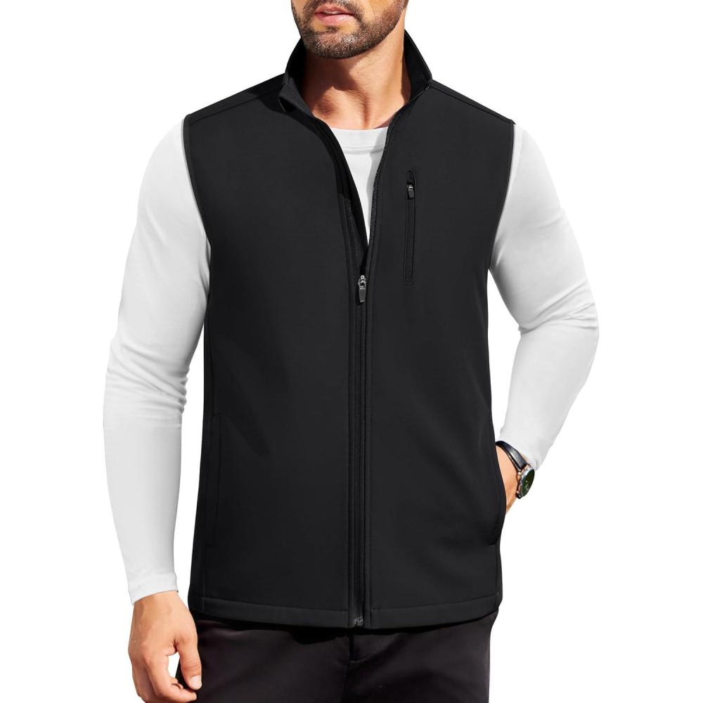 imageCOOFANDY Mens Lightweight Softshell Vest Windproof Sleeveless Jacket Zip Up Fleece Lined Vest Outerwear for Golf RunningBlack