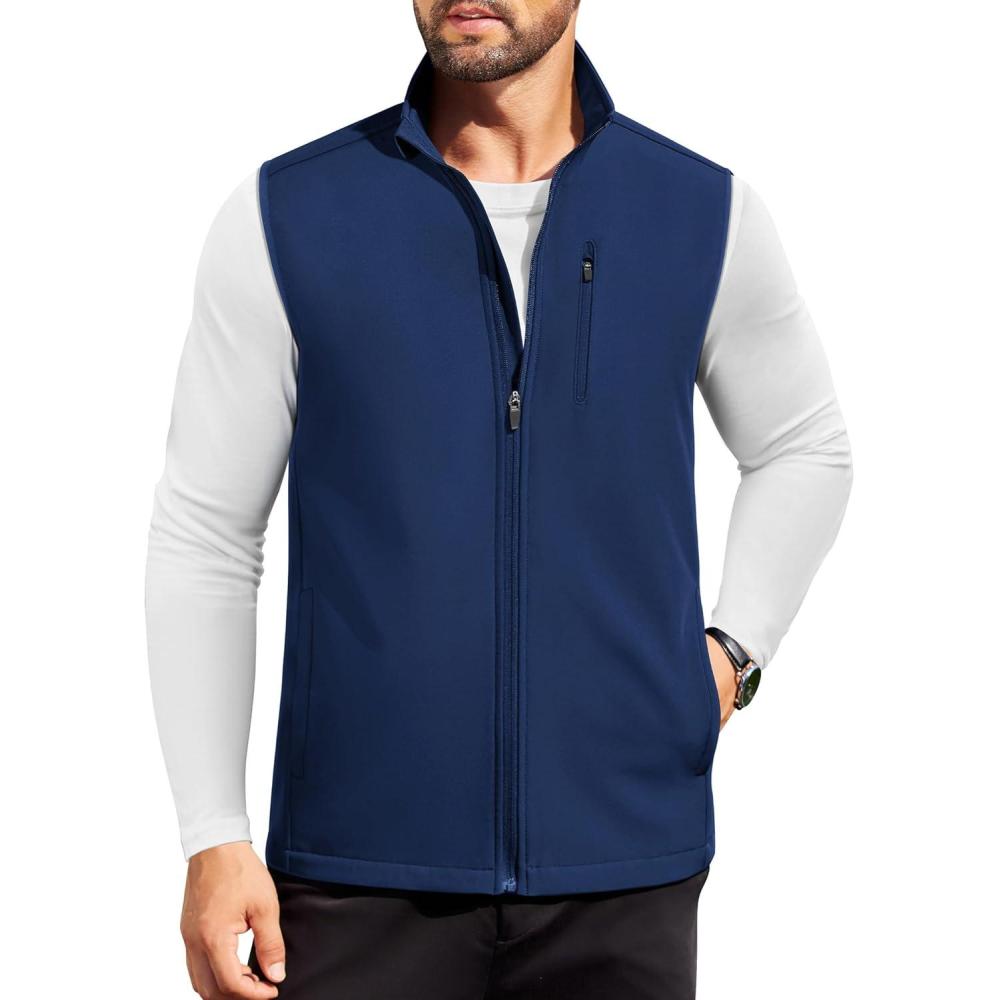 imageCOOFANDY Mens Lightweight Softshell Vest Windproof Sleeveless Jacket Zip Up Fleece Lined Vest Outerwear for Golf RunningDark Blue