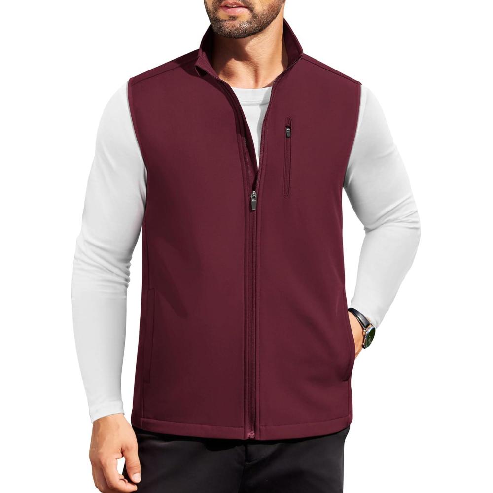 imageCOOFANDY Mens Lightweight Softshell Vest Windproof Sleeveless Jacket Zip Up Fleece Lined Vest Outerwear for Golf RunningRed