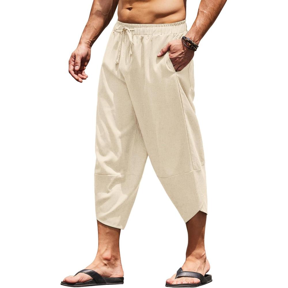 imageCOOFANDY Mens Linen Harem Capri Pants Lightweight Loose 34 Shorts Drawstring Elastic Waist Casual Beach Boho Yoga TrousersBeige