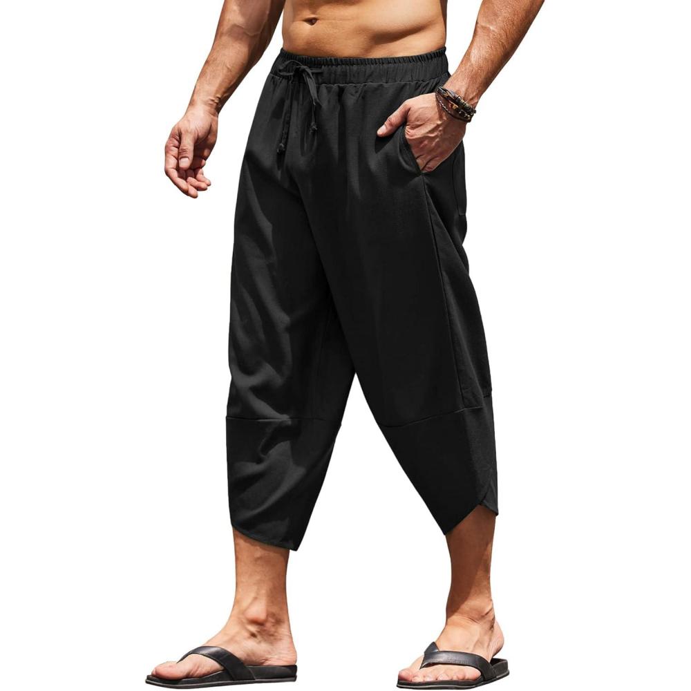 imageCOOFANDY Mens Linen Harem Capri Pants Lightweight Loose 34 Shorts Drawstring Elastic Waist Casual Beach Boho Yoga TrousersBlack