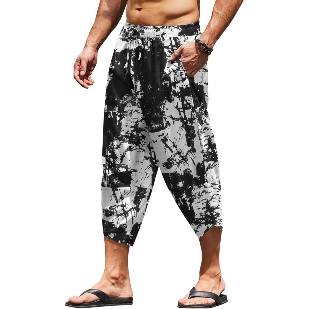 imageCOOFANDY Mens Linen Harem Capri Pants Lightweight Loose 34 Shorts Drawstring Elastic Waist Casual Beach Boho Yoga TrousersBlack White Tiedye