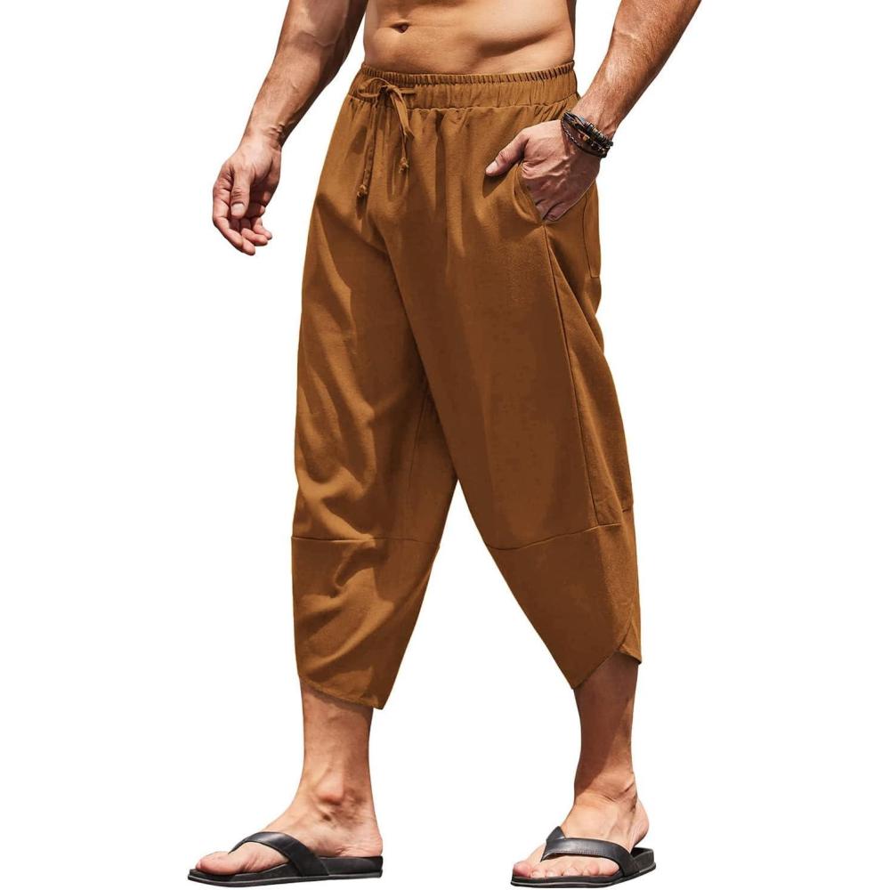 imageCOOFANDY Mens Linen Harem Capri Pants Lightweight Loose 34 Shorts Drawstring Elastic Waist Casual Beach Boho Yoga TrousersBrown