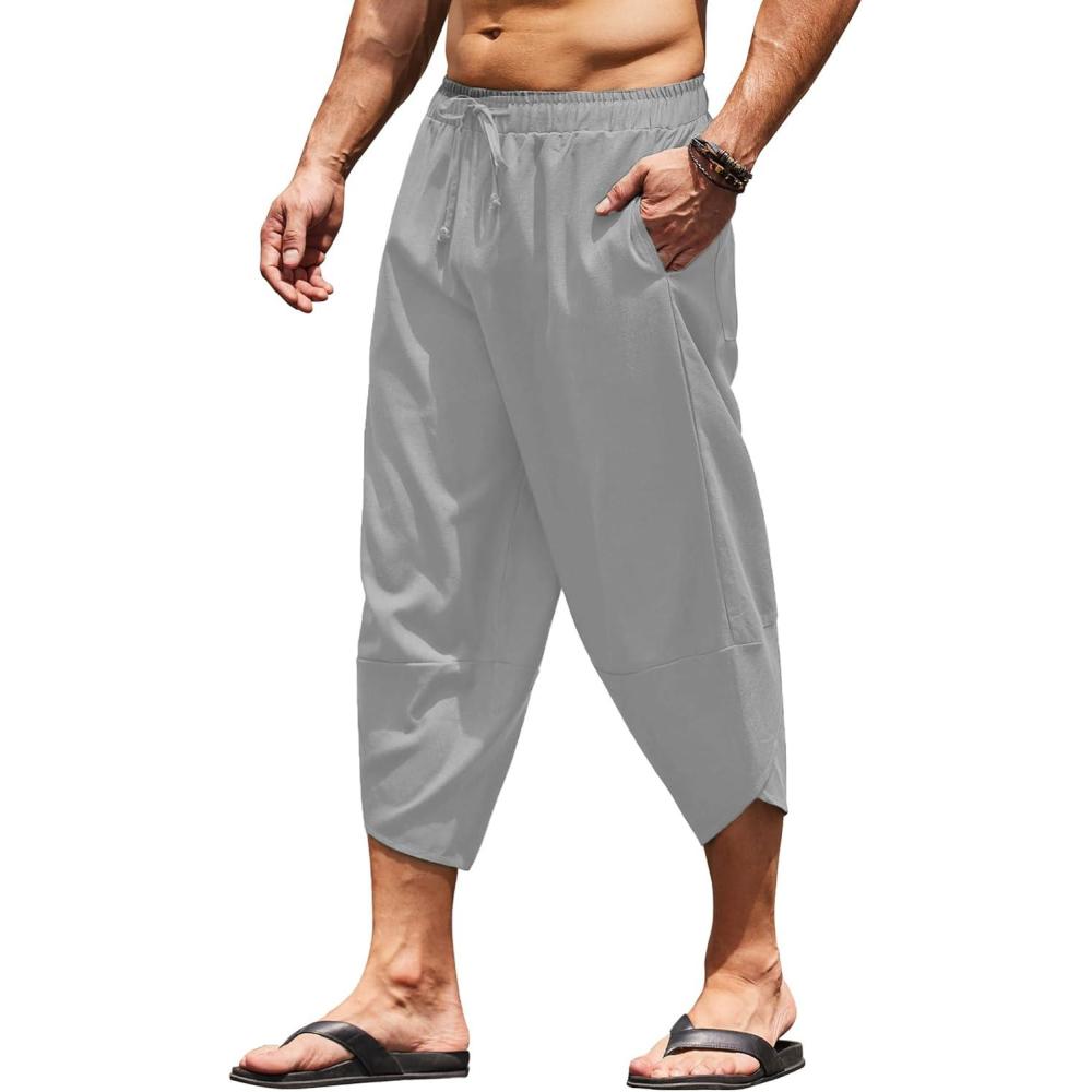 imageCOOFANDY Mens Linen Harem Capri Pants Lightweight Loose 34 Shorts Drawstring Elastic Waist Casual Beach Boho Yoga TrousersGrey