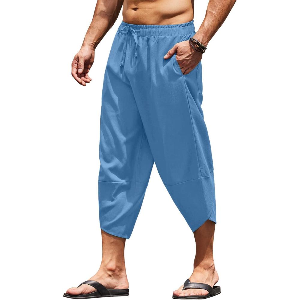 imageCOOFANDY Mens Linen Harem Capri Pants Lightweight Loose 34 Shorts Drawstring Elastic Waist Casual Beach Boho Yoga TrousersLight Blue