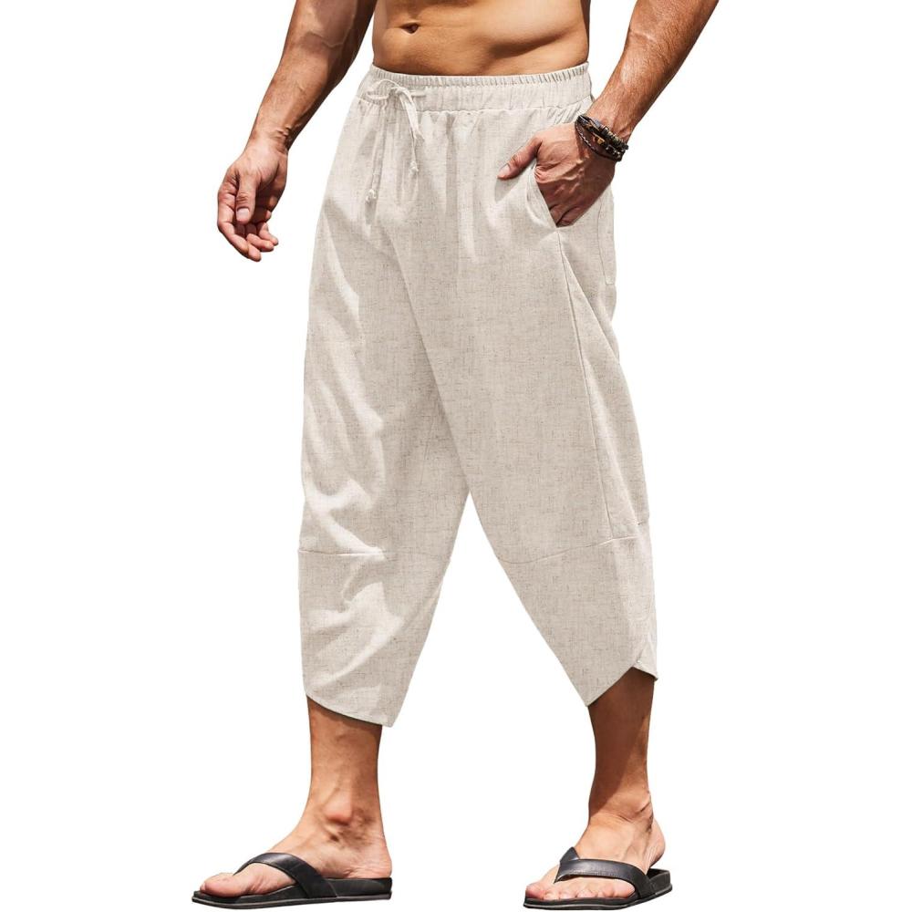 imageCOOFANDY Mens Linen Harem Capri Pants Lightweight Loose 34 Shorts Drawstring Elastic Waist Casual Beach Boho Yoga TrousersLinen Khaki