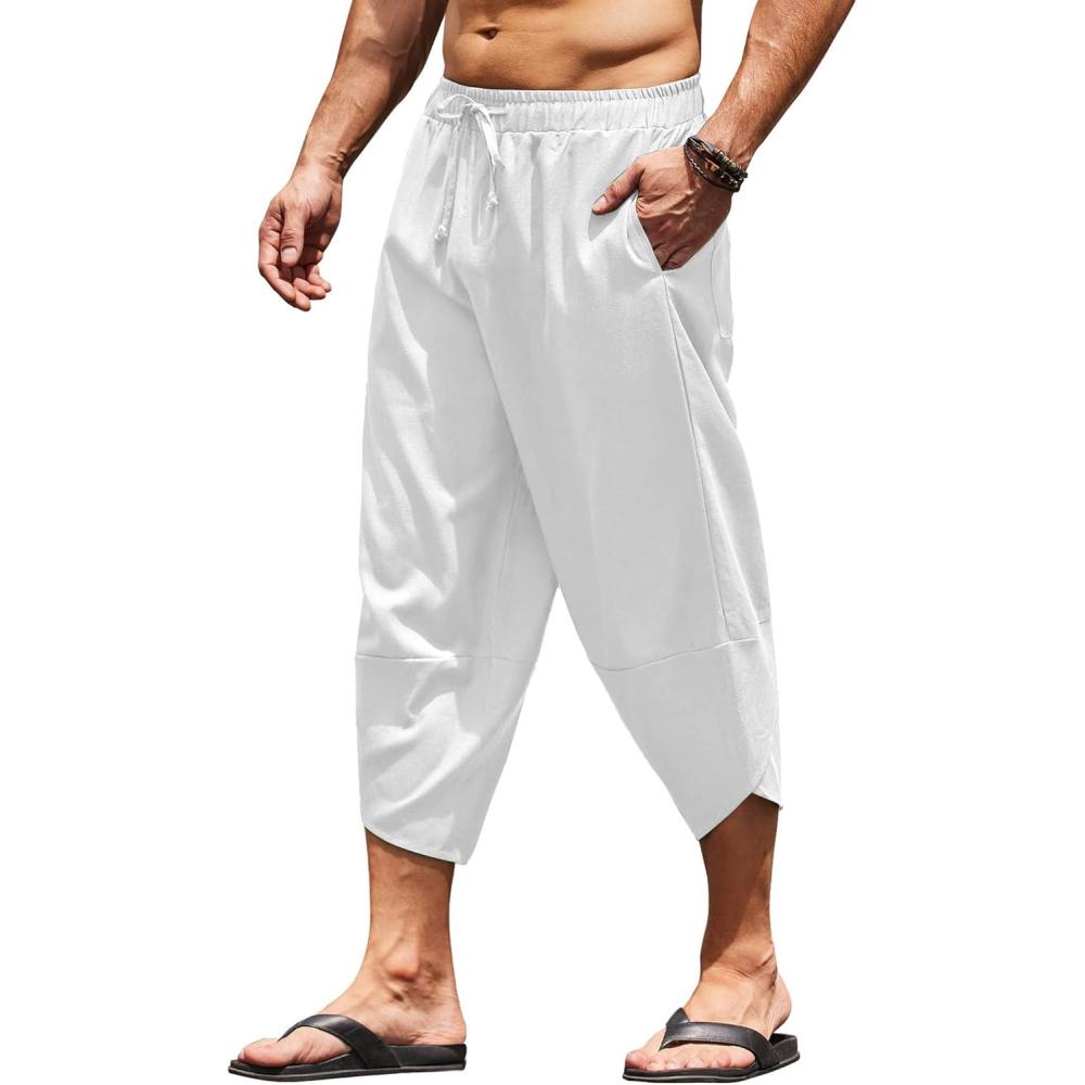 imageCOOFANDY Mens Linen Harem Capri Pants Lightweight Loose 34 Shorts Drawstring Elastic Waist Casual Beach Boho Yoga TrousersWhite