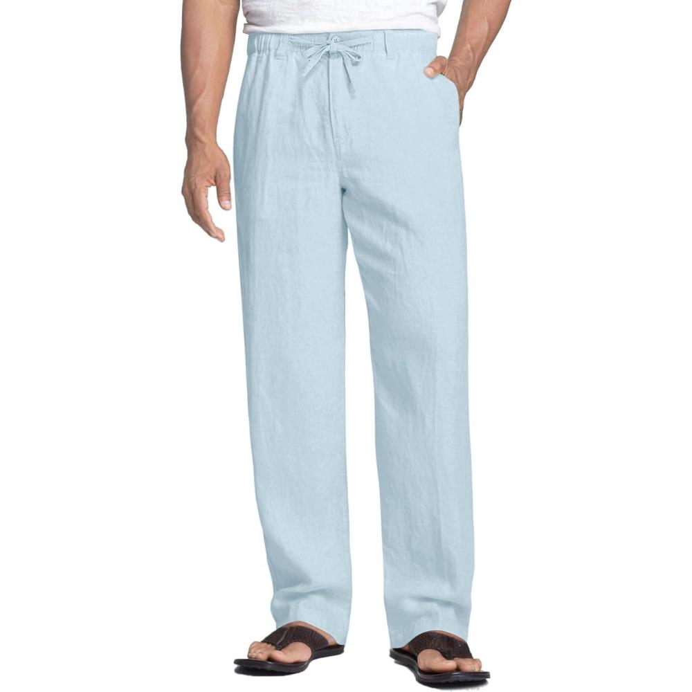 imageCOOFANDY Mens Linen Pants Casual Elastic Waist Drawstring Beach TrousersLight Blue