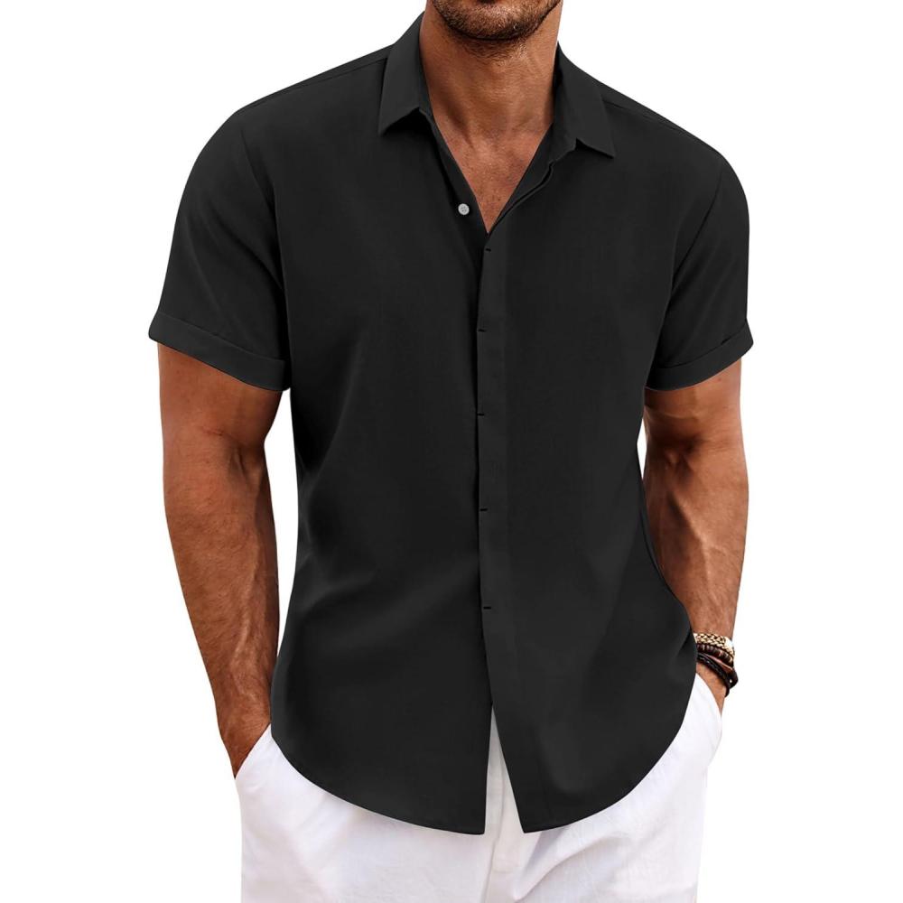 imageCOOFANDY Mens Linen Shirts Short Sleeve Casual Shirts Button Down Shirt for Men Beach Summer Wedding ShirtBlack