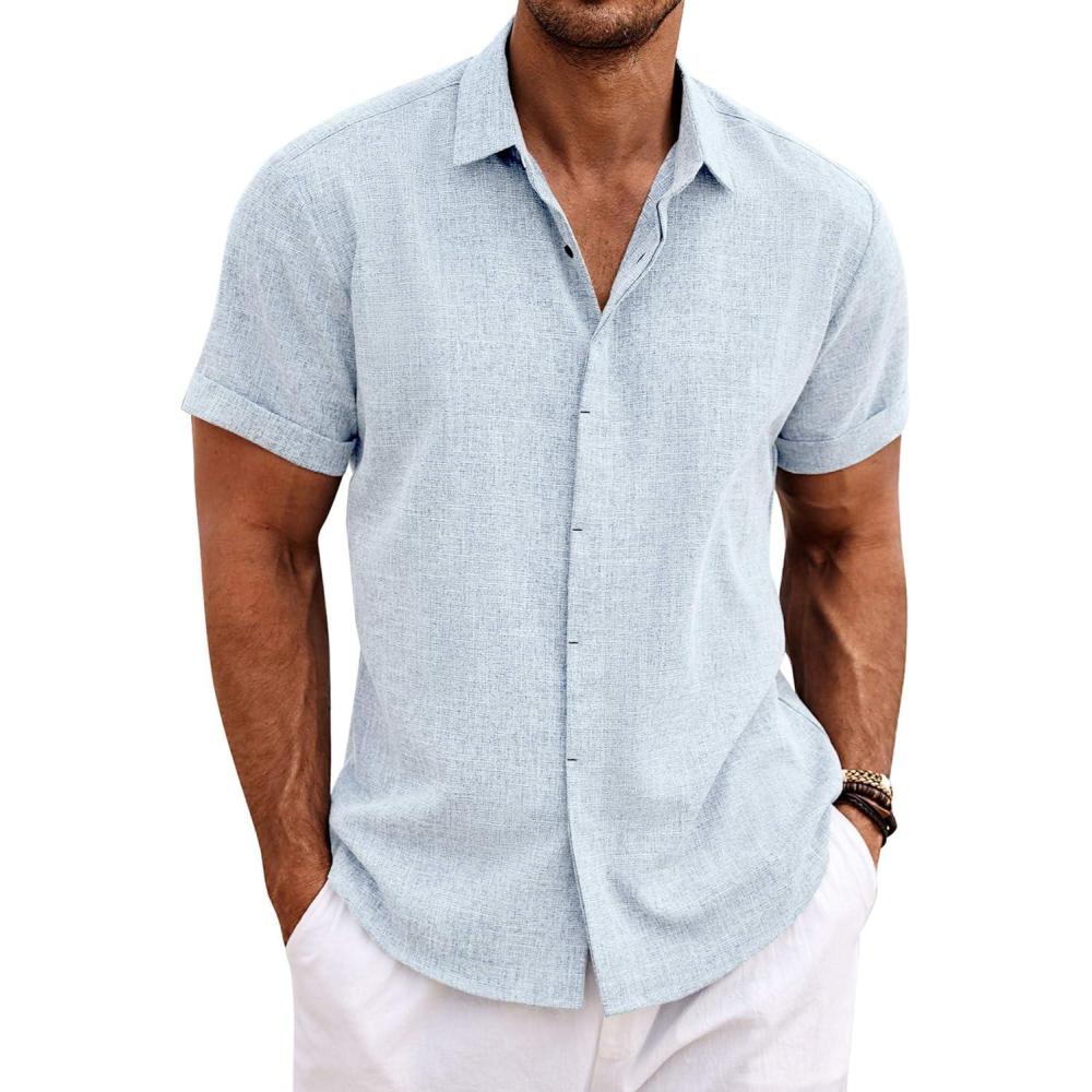 imageCOOFANDY Mens Linen Shirts Short Sleeve Casual Shirts Button Down Shirt for Men Beach Summer Wedding ShirtBlue