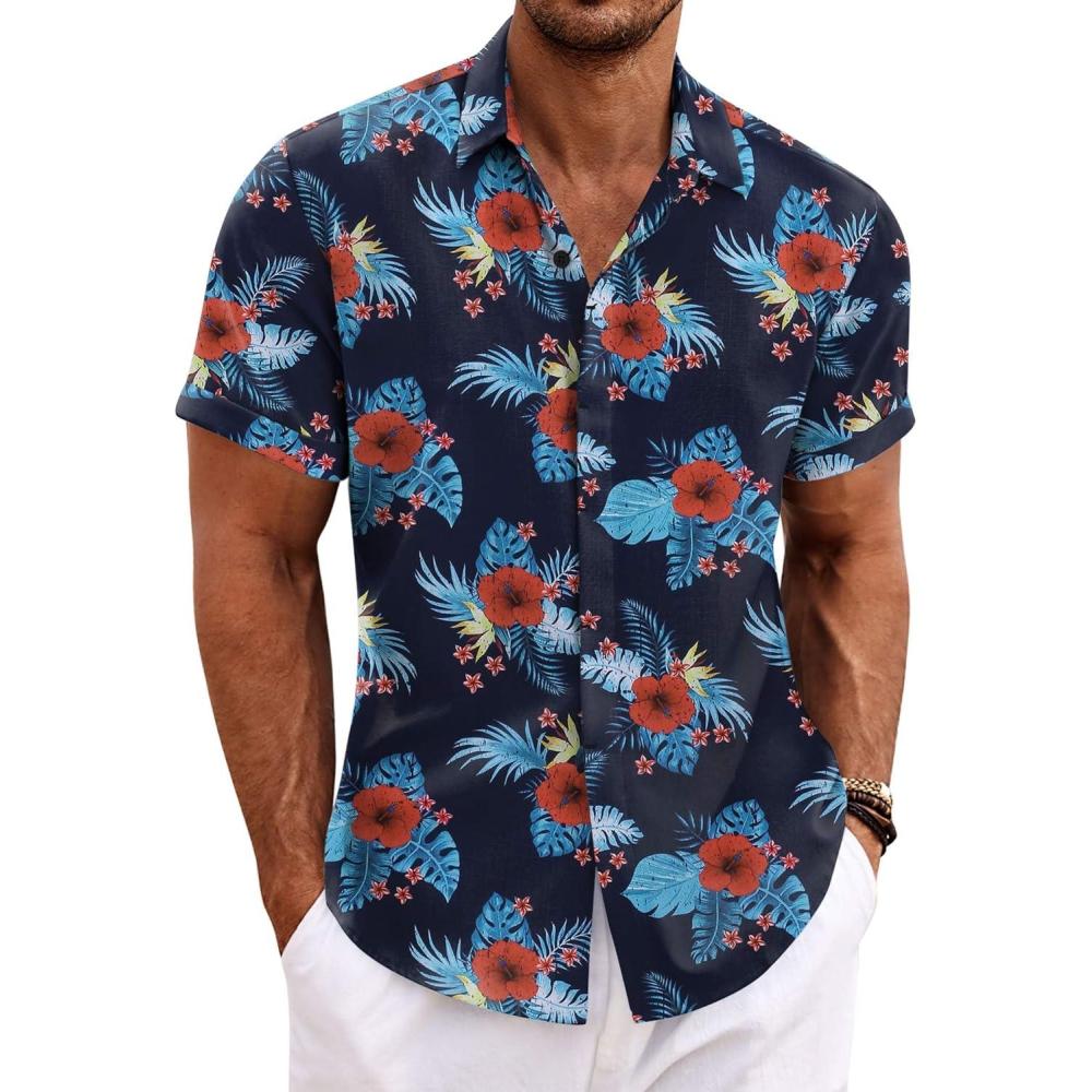 imageCOOFANDY Mens Linen Shirts Short Sleeve Casual Shirts Button Down Shirt for Men Beach Summer Wedding ShirtGesang Flower
