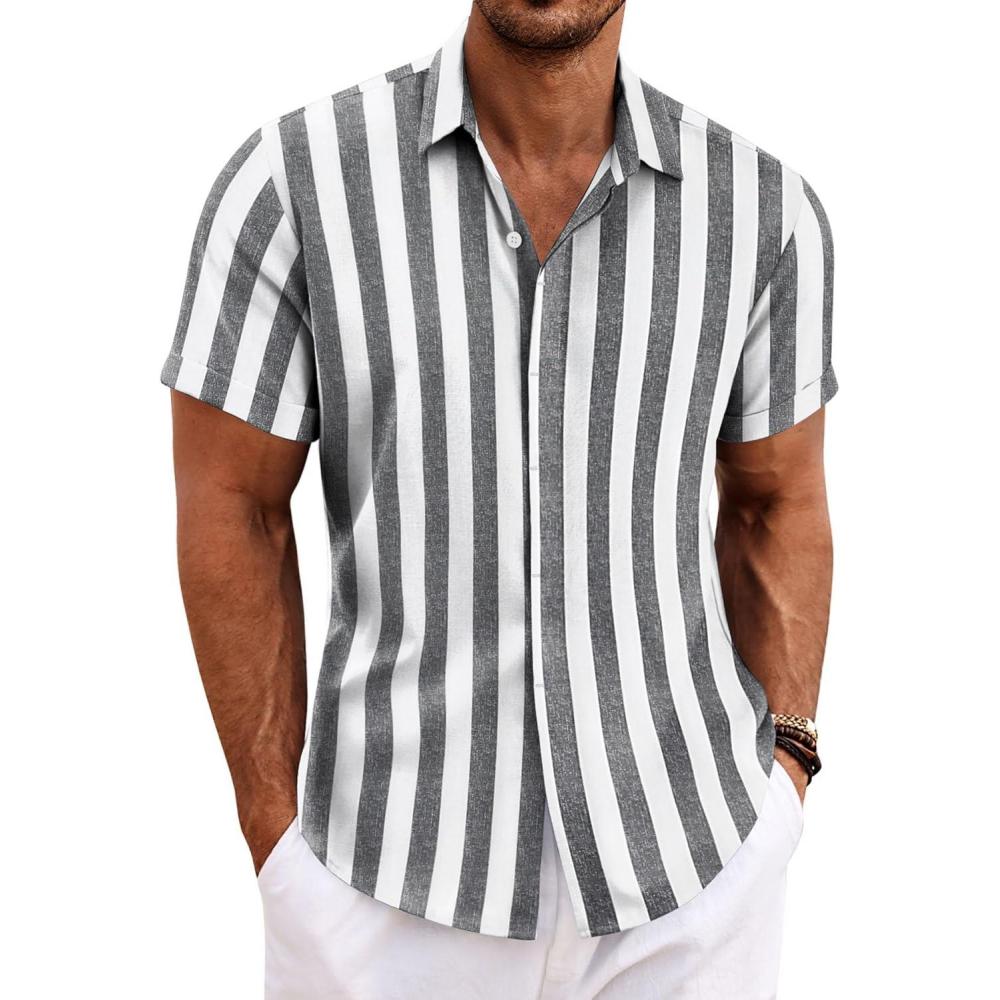 imageCOOFANDY Mens Linen Shirts Short Sleeve Casual Shirts Button Down Shirt for Men Beach Summer Wedding ShirtGreywhite Stripes