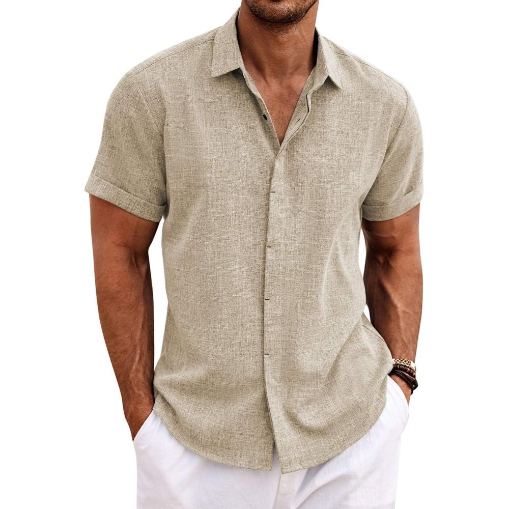 imageCOOFANDY Mens Linen Shirts Short Sleeve Casual Shirts Button Down Shirt for Men Beach Summer Wedding ShirtKhaki